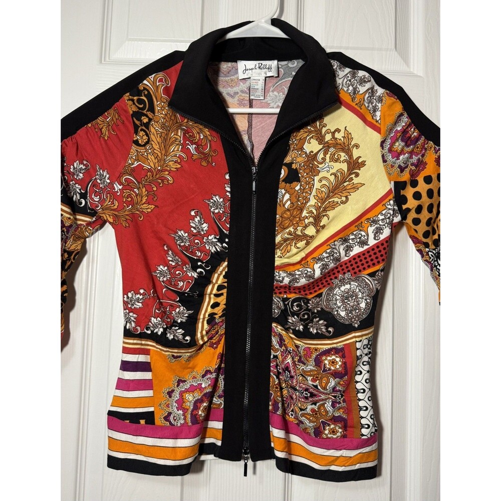 Joseph Ribkoff Shirt Womens Size 8 Patchwork Mix Ruched Zip Up Cardigan